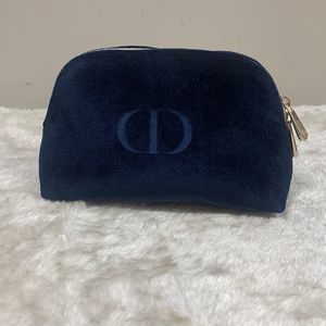 Dior Pouch Bag Cosmetic Case Purse Navy Velvet Logo Gold Zippers NEW